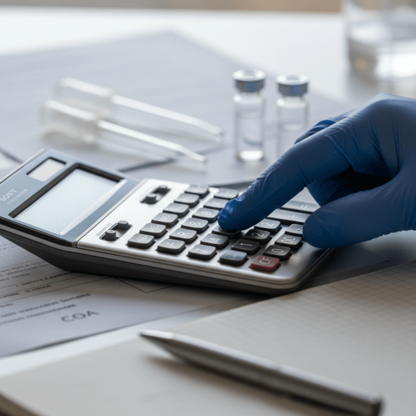 Calcul des taux de cannabinoïdes avec calculatrice scientifique et documents COA en laboratoire